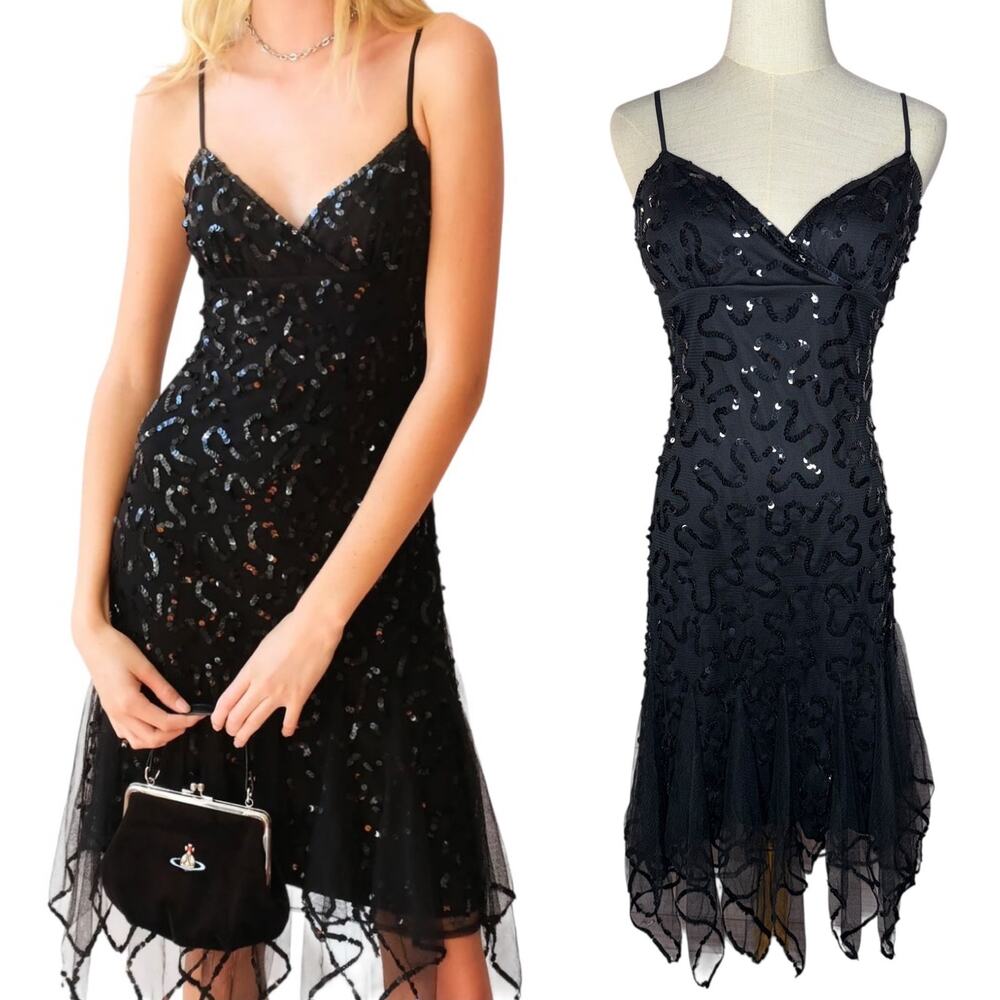 Betsey Johnson Evening Sequin Mesh Flutter Dress Size 8 Fairycore Whimsygoth
